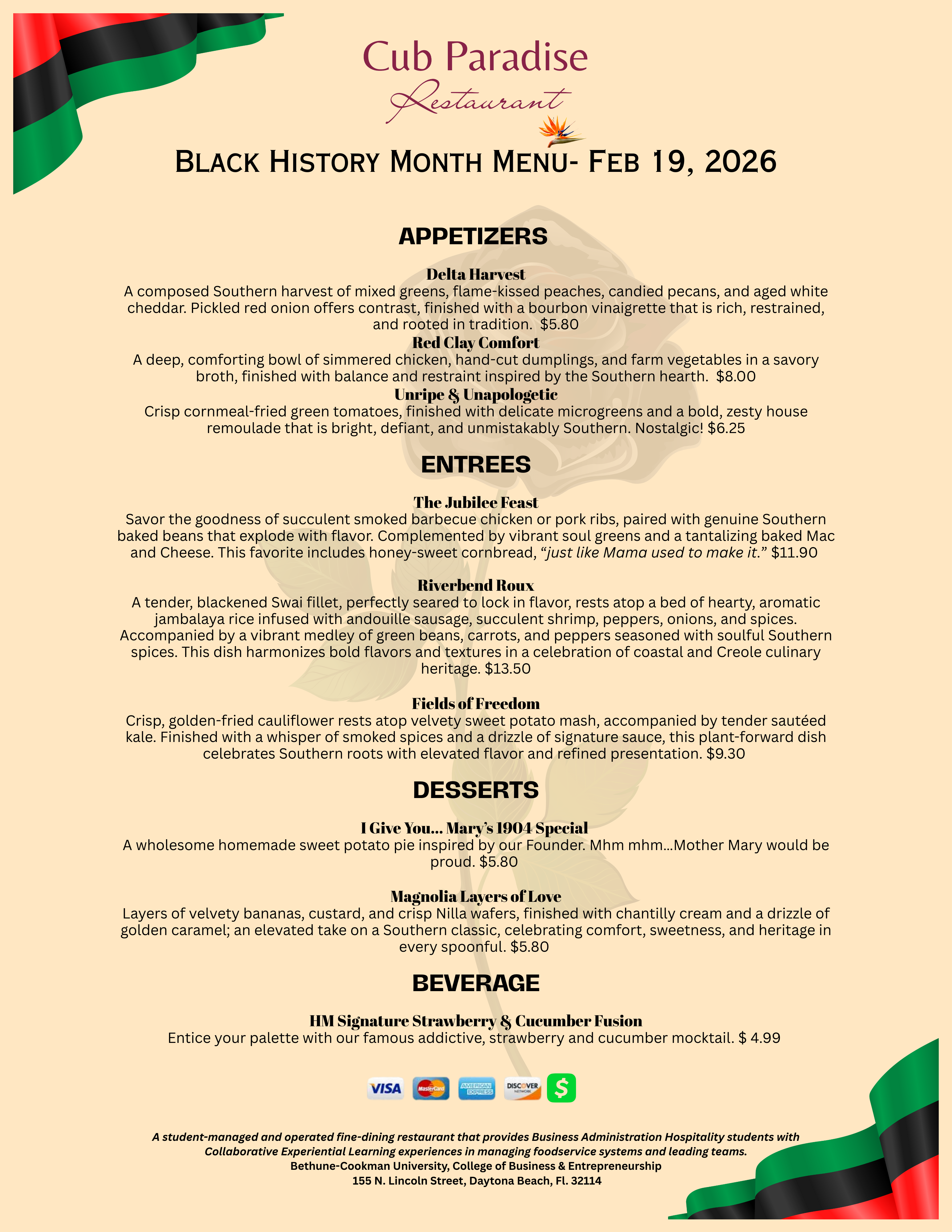 Spring 2026 black History Menu Feb. 19